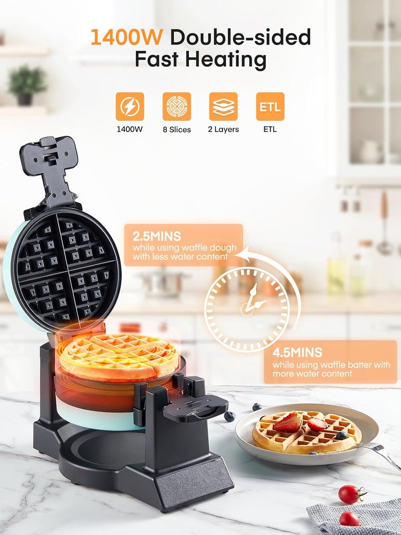 FOHERE Waffle Maker, 1400W Double Belgian Waffle Iron 180° Flip, 8 Slices in 3 Mins, Rotating & Nonstick Plates, Anti-Scald, Removable Drip Tray Easy to Clean, Cool Touch Handle, Space-Saving (Mint Blue) - Image 2